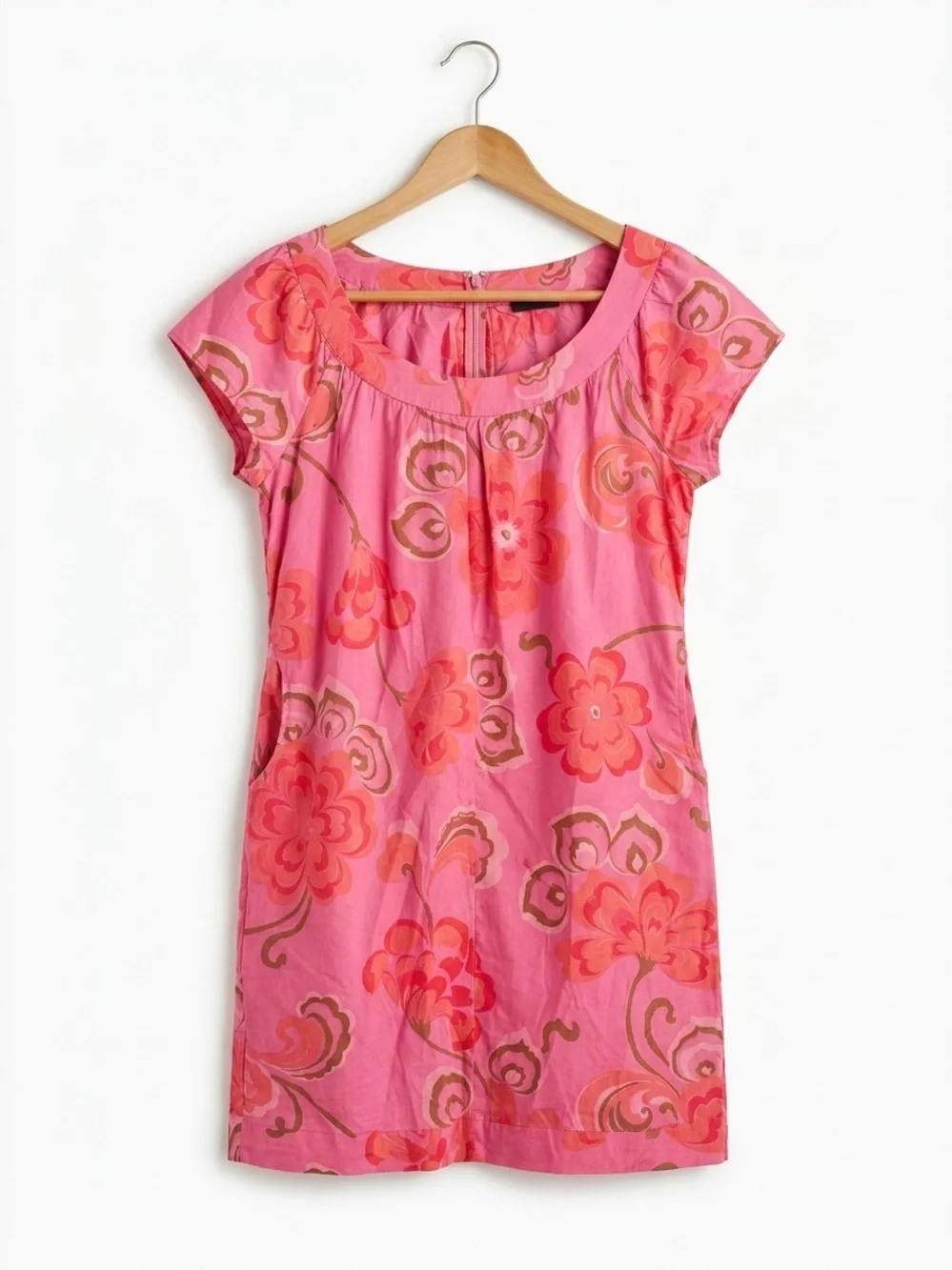 J.Crew Retro Mod Floral Shift Dress 12 Pink Cotton Pockets Scoop Neck Tunic Mini